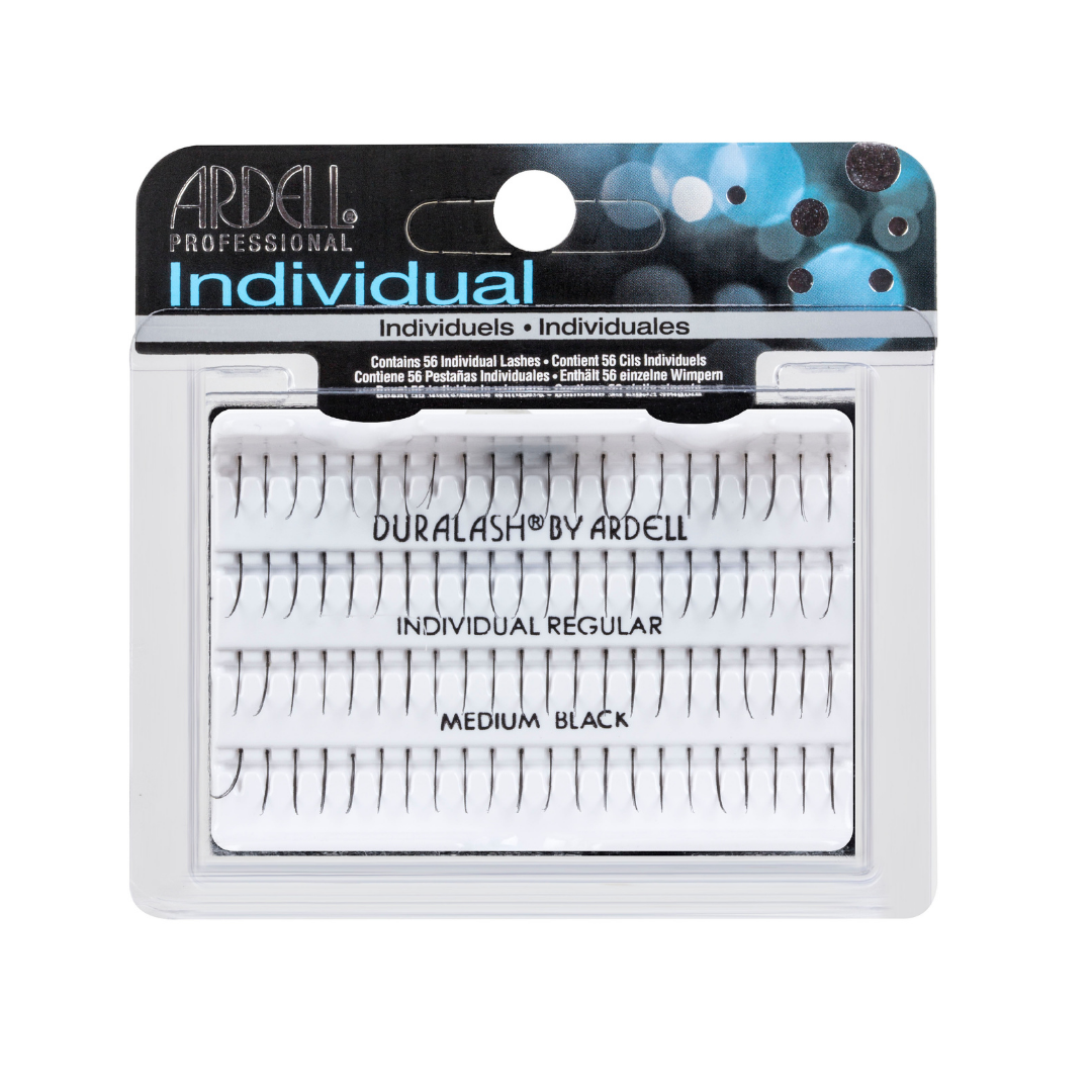 Ardell Professional Individual Duralash Individual Regular Medium Black false eyelash clusters in a clear blister pack with a black and blue header card.