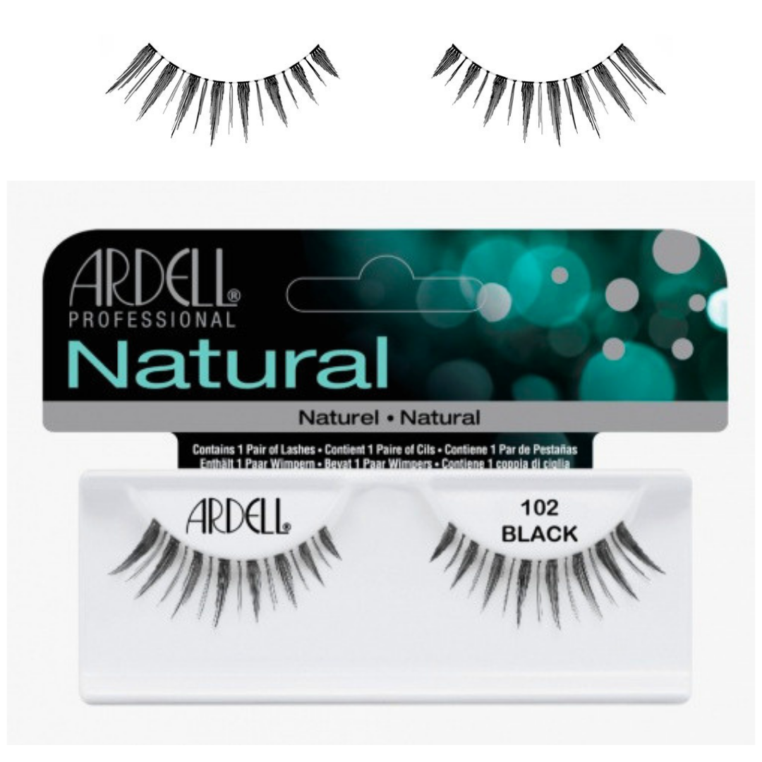 Ardell Professional Natural strip lash packaging showing two pairs of black false eyelashes above the card, with the text '102 BLACK' on the white tray below.