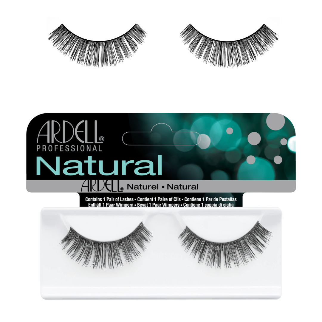 Ardell Professional Natural false strip eyelashes shown with the retail packaging and a pair of black synthetic lashes on a white background.
