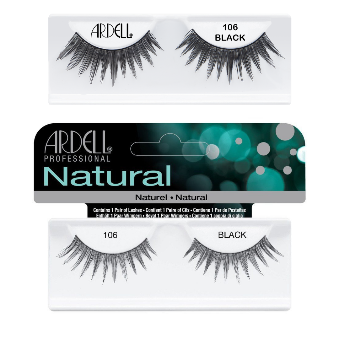Two views of Ardell Professional Natural 106 Black false eyelashes on their retail packaging against a white background.