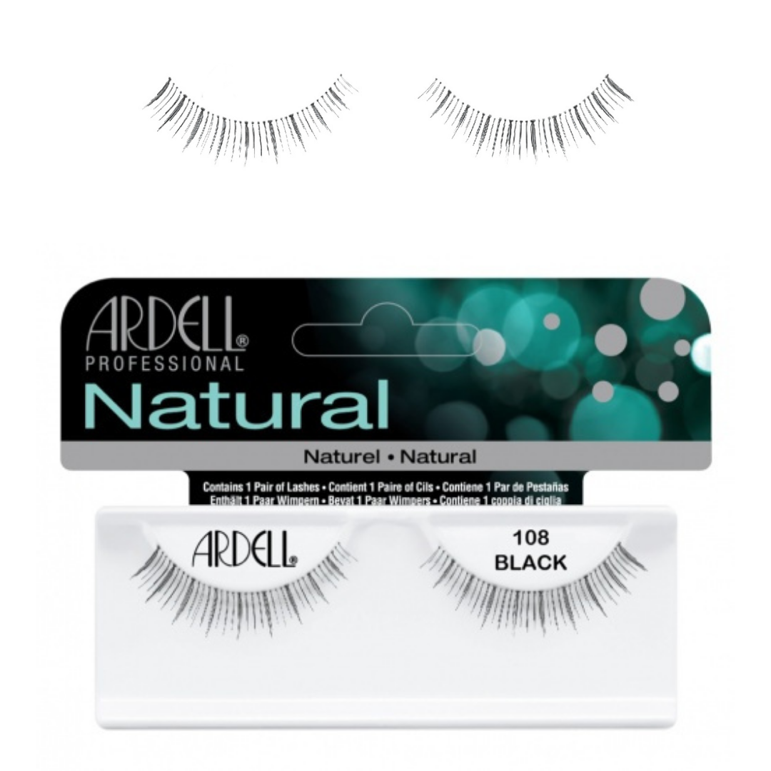 A pair of Ardell Professional Natural false eyelashes in shade 108 Black, shown with their retail packaging on a white background.