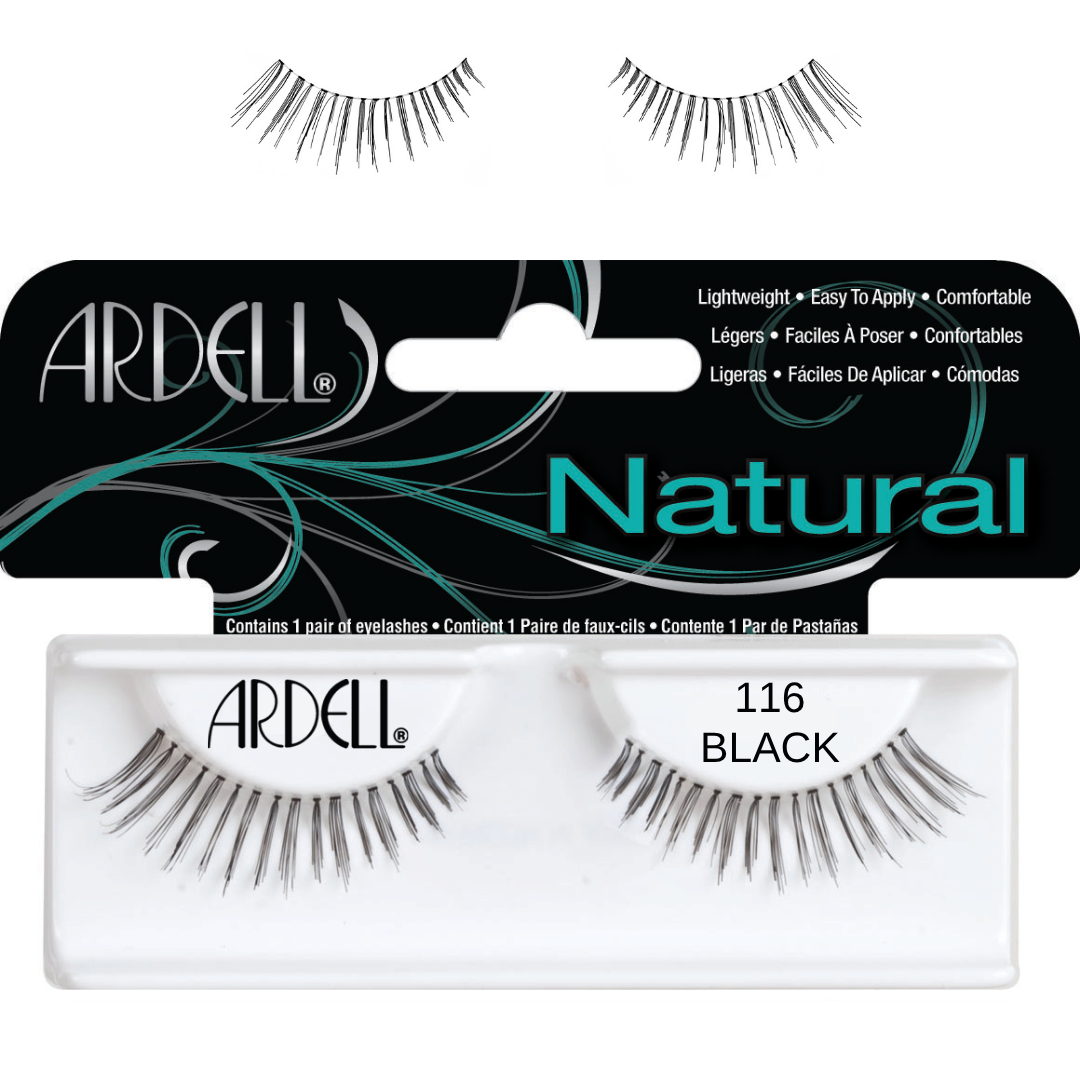 A pair of Ardell Natural 116 Black false eyelashes in a clear plastic tray with a black and teal cardboard header card, shown against a white background with two loose lash clusters above.