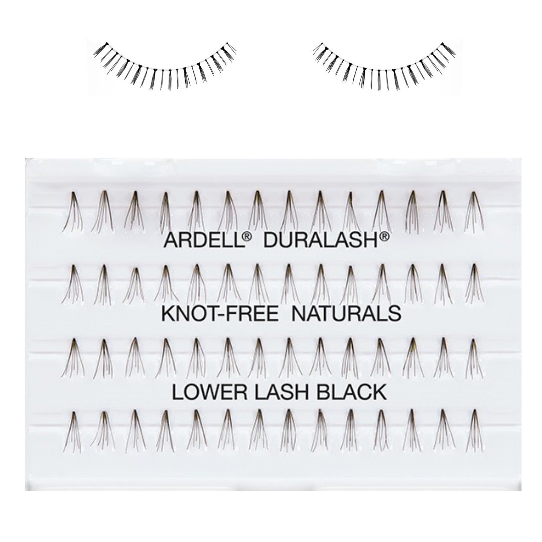 A white lash tray displaying rows of black false lower eyelash clusters, with two loose lash strips shown above on a white background. Visible text reads ARDELL DURALASH, KNOT-FREE NATURALS, and LOWER LASH BLACK.