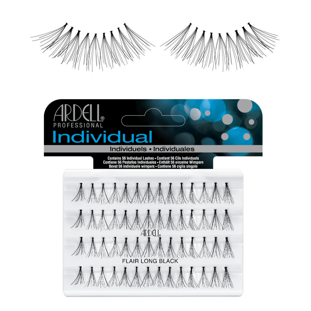 Ardell Professional Individual Flair Long Black false eyelashes shown both applied above the packaging and in their retail tray on a white background.
