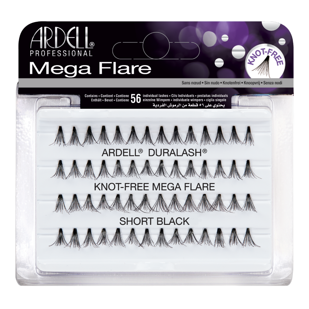 Ardell Professional Mega Flare false eyelashes in a clear plastic tray with a black and white header card. The lashes are arranged in five rows of 11 pairs each, labeled 'ARDELL DURALASH KNOT-FREE MEGA FLARE SHORT BLACK'.
