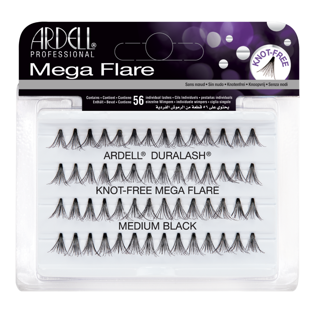 Ardell Professional Mega Flare false eyelashes in a clear plastic tray with a black and white header card. The lashes are labeled 'ARDELL DURALASH KNOT-FREE MEGA FLARE' and 'MEDIUM BLACK'.