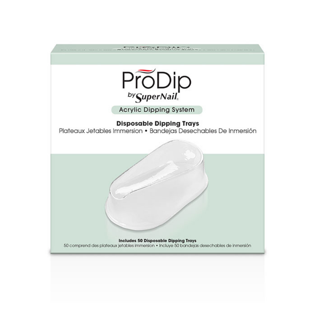 ProDip by SuperNail Acrylic Dipping System Disposable Dipping Trays packaging box, showing a clear acrylic tray illustration on a white and pale green background.