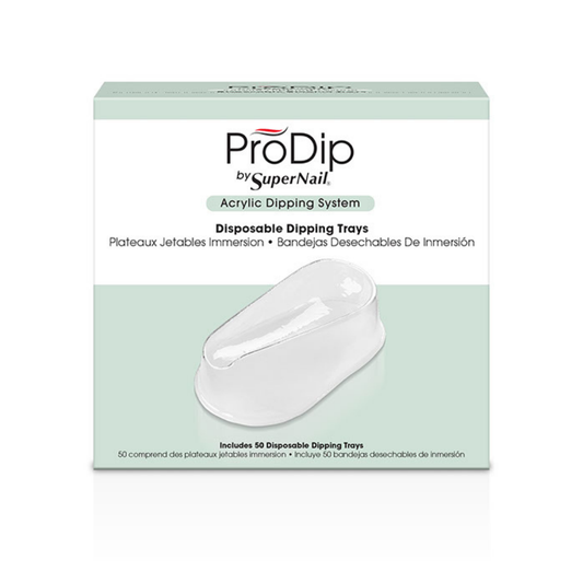 ProDip by SuperNail Acrylic Dipping System Disposable Dipping Trays packaging box, showing a clear acrylic tray illustration on a white and pale green background.