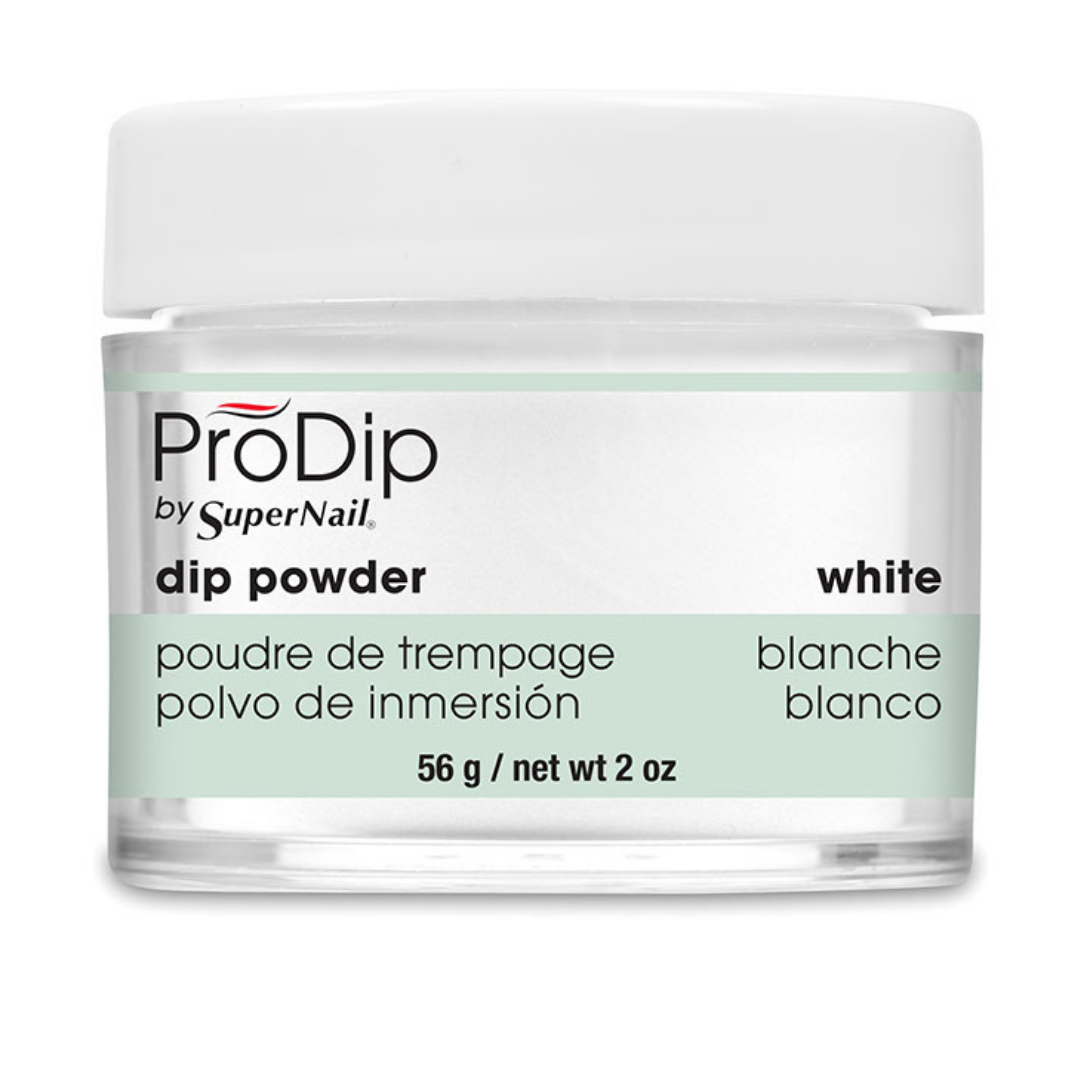 A jar of ProDip by SuperNail white dip powder, 56 g (2 oz), on a clean white background.