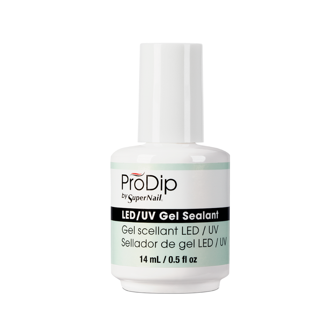 A bottle of ProDip by SuperNail LED/UV Gel Sealant, 14 ml (0.5 floz), featuring a white cap and a white bottle with a label that has black and light green accents, set against a plain white background.