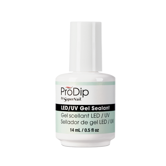 A bottle of ProDip by SuperNail LED/UV Gel Sealant, 14 ml (0.5 floz), featuring a white cap and a white bottle with a label that has black and light green accents, set against a plain white background.