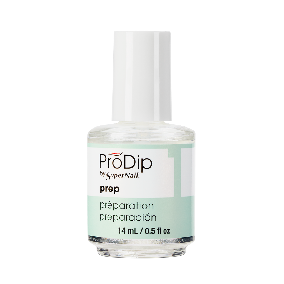 ProDip by SuperNail Prep nail polish in a 14 mL clear bottle with a white cap and a mint green and white label.