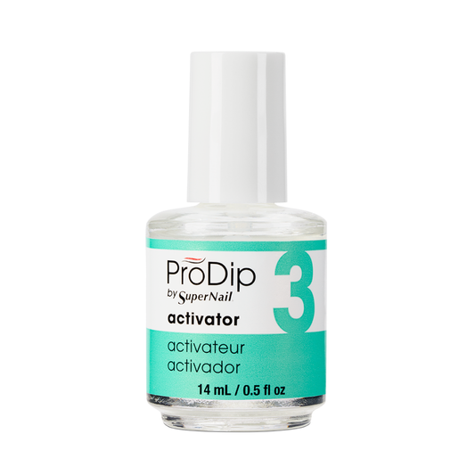 A bottle of ProDip by superNail activator nail polish remover, featuring a white cap and a white label with a teal-green accent stripe and a large number 3.