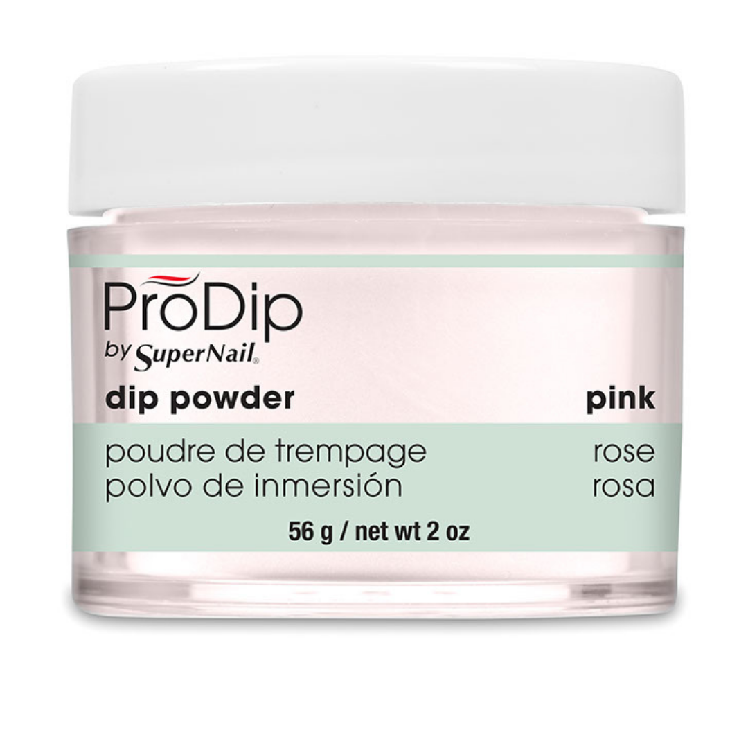 A jar of ProDip by SuperNail dip powder in the shade pink, featuring a white lid and a label with a pale pink and mint green design.
