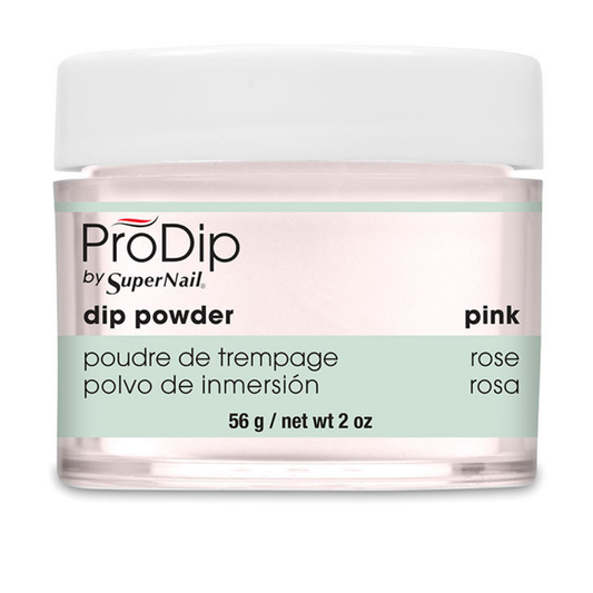 A jar of ProDip by SuperNail dip powder in the shade pink, featuring a white lid and a label with a pale pink and mint green design.