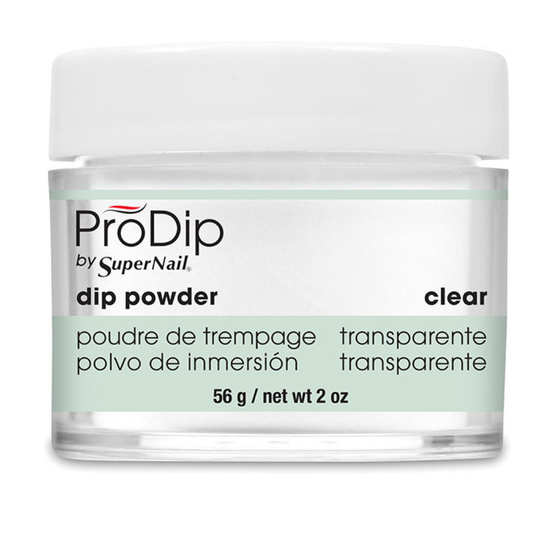 A jar of ProDip by SuperNail clear dip powder, 56 g (2 oz), with a white lid and a white and light green label.