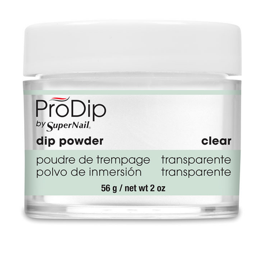 A jar of ProDip by SuperNail clear dip powder, 56 g (2 oz), with a white lid and a white and light green label.