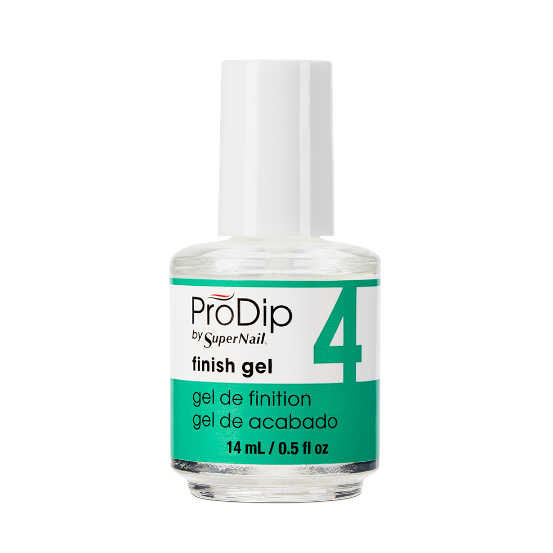 ProDip by SuperNail finish gel nail topcoat, shown in a 14 ml clear bottle with a white cap and a white and teal label.