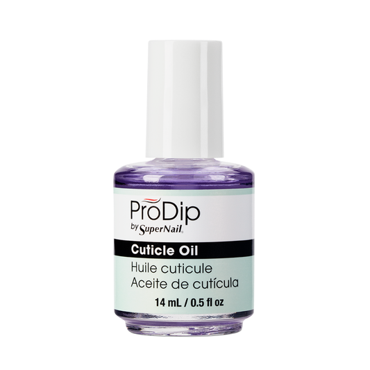 ProDip by SuperNail Cuticle Oil in a 14 ml glass bottle with a white cap and a white label featuring purple and mint green accents.