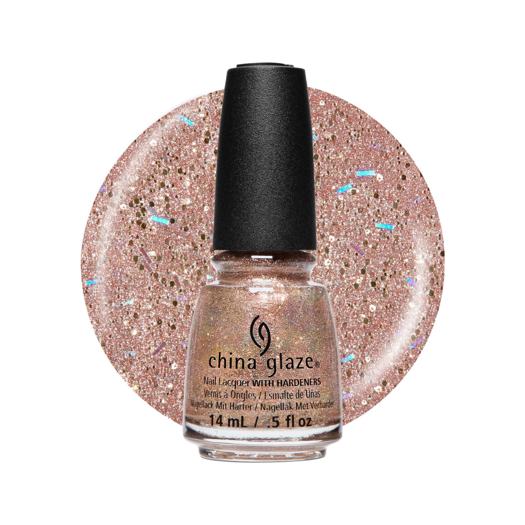 A bottle of China Glaze nail lacquer with hardeners, featuring a black cap and a clear glass bottle showing a shimmering rose gold glitter polish, set against a matching circular swatch of the glitter polish on a white background.