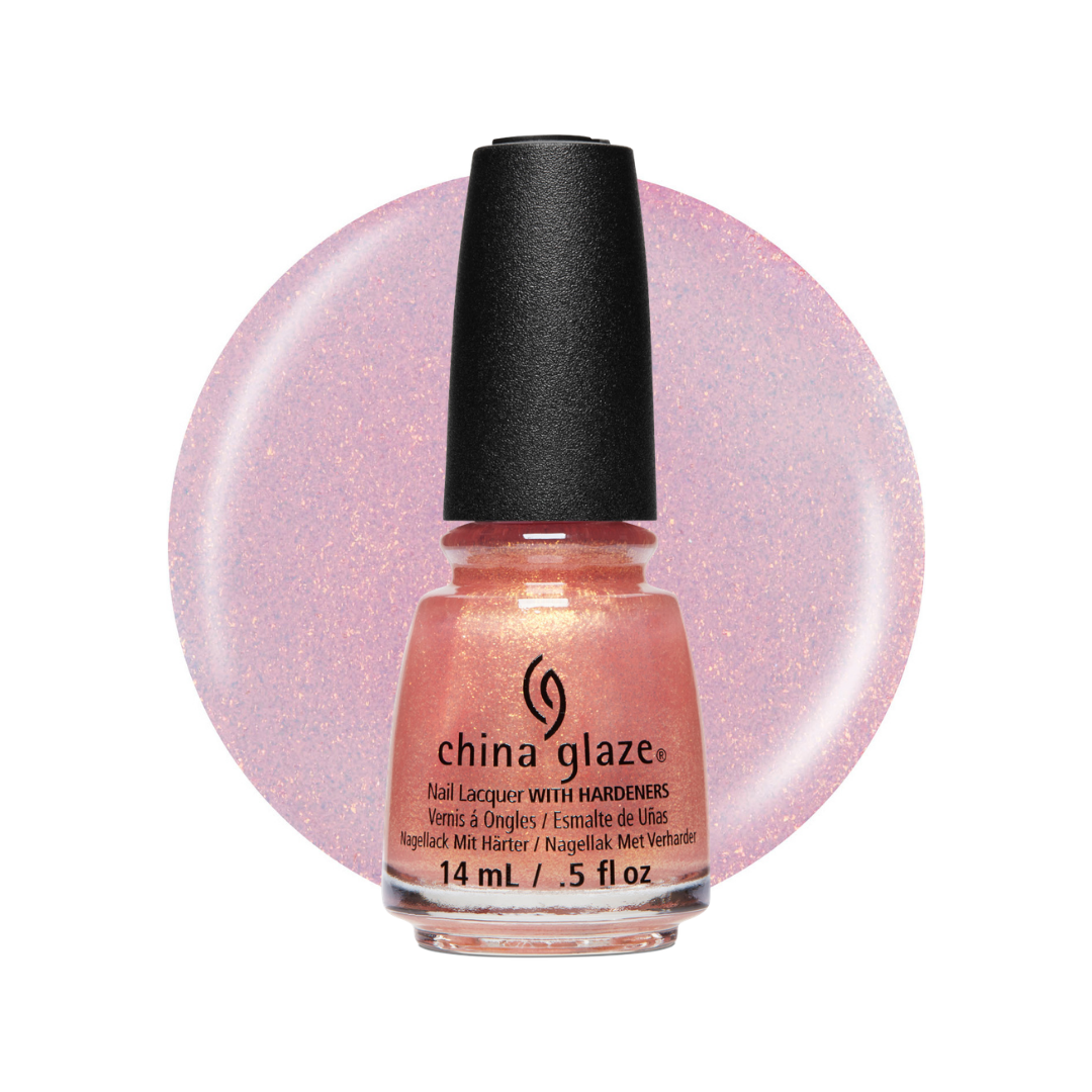 A bottle of China Glaze nail lacquer with hardeners in a shimmering peach-pink shade, shown against a circular pink glitter swatch on a white background.