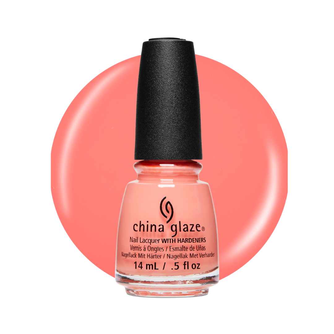 A bottle of China Glaze nail polish in a warm coral pink shade, shown against a white background with a large matching coral circular color swatch behind it.