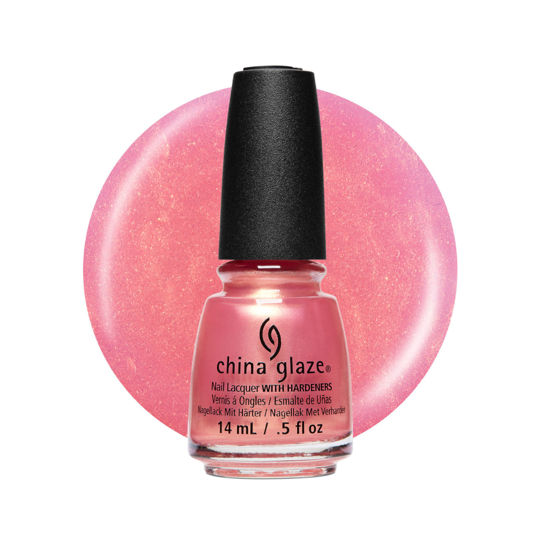 A bottle of China Glaze nail polish in a shimmering pink shade, set against a matching pink circular color swatch on a white background.