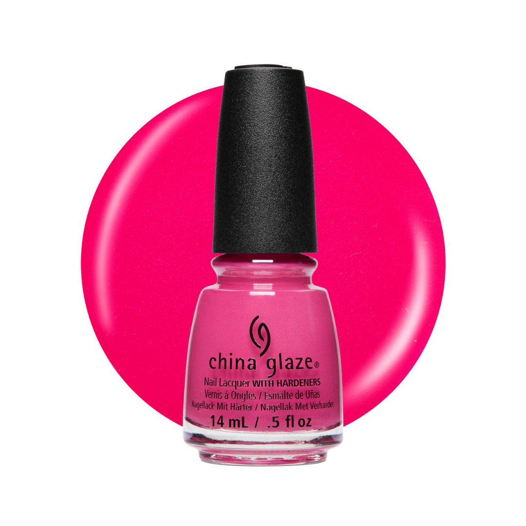 A bottle of China Glaze nail lacquer in a bright hot pink shade, set against a matching hot pink circular color swatch on a white background.
