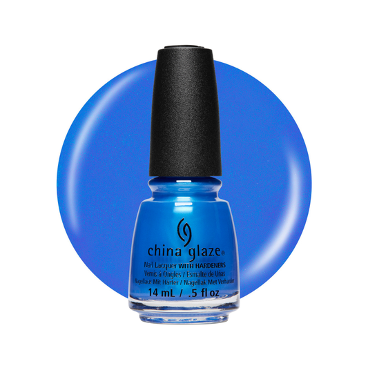 A bottle of China Glaze nail polish in a vivid medium blue shade, shown against a white background with a large matching blue circular color swatch behind it.