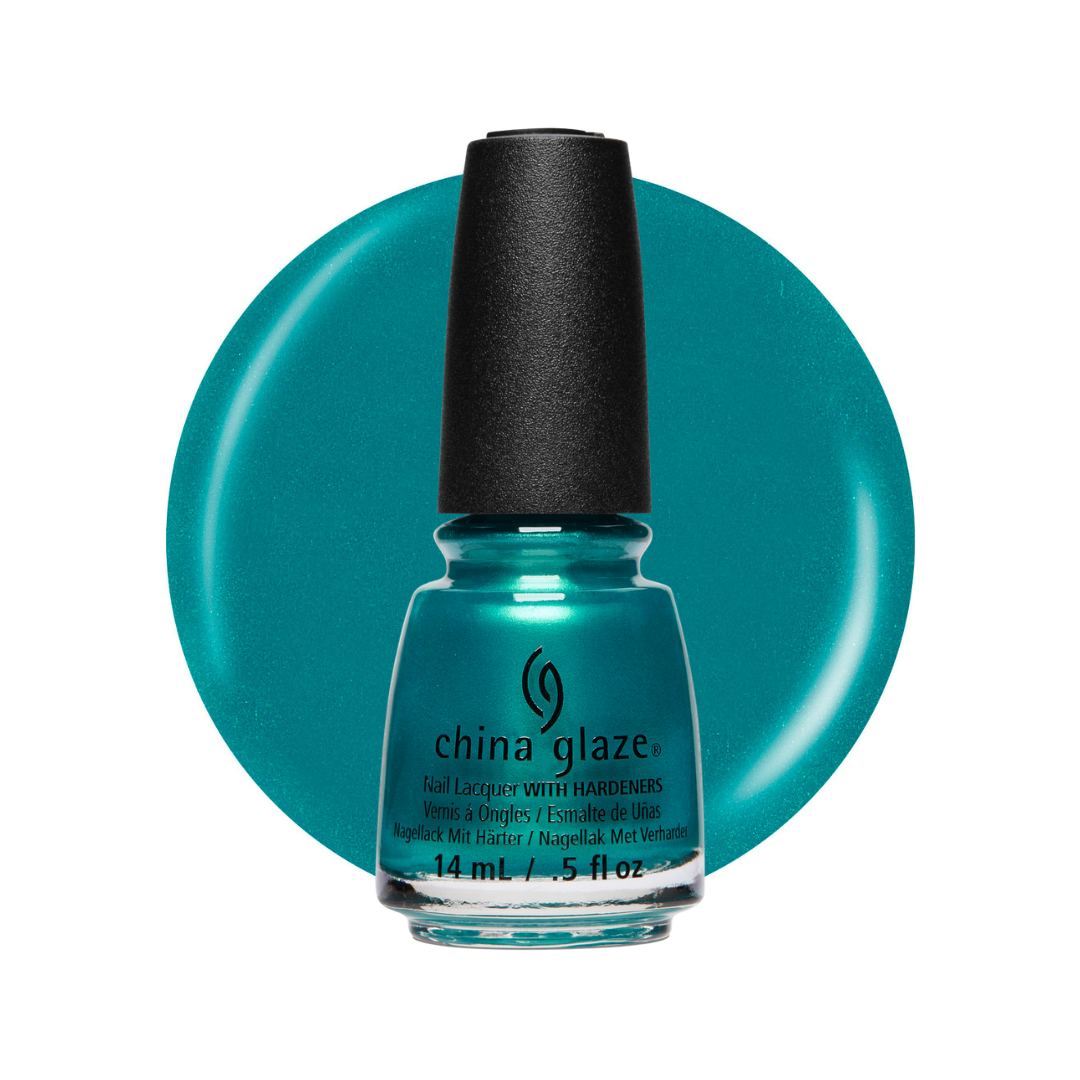 A bottle of China Glaze nail polish in a teal shade shown against a matching teal circular swatch on a white background.