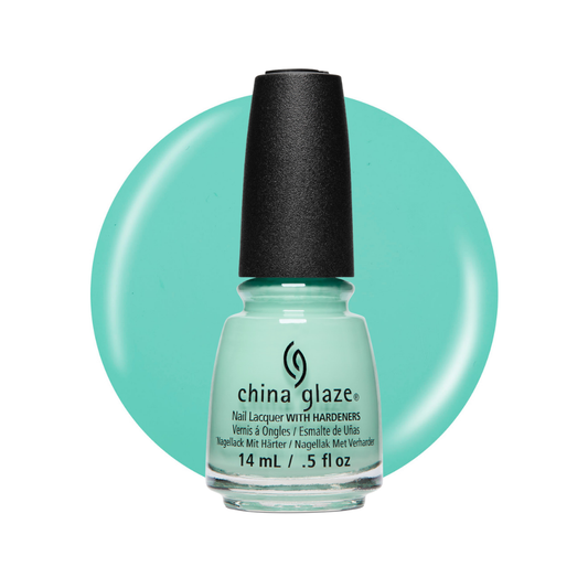 A bottle of China Glaze nail lacquer in a mint green shade, set against a matching mint green circular swatch on a white background.