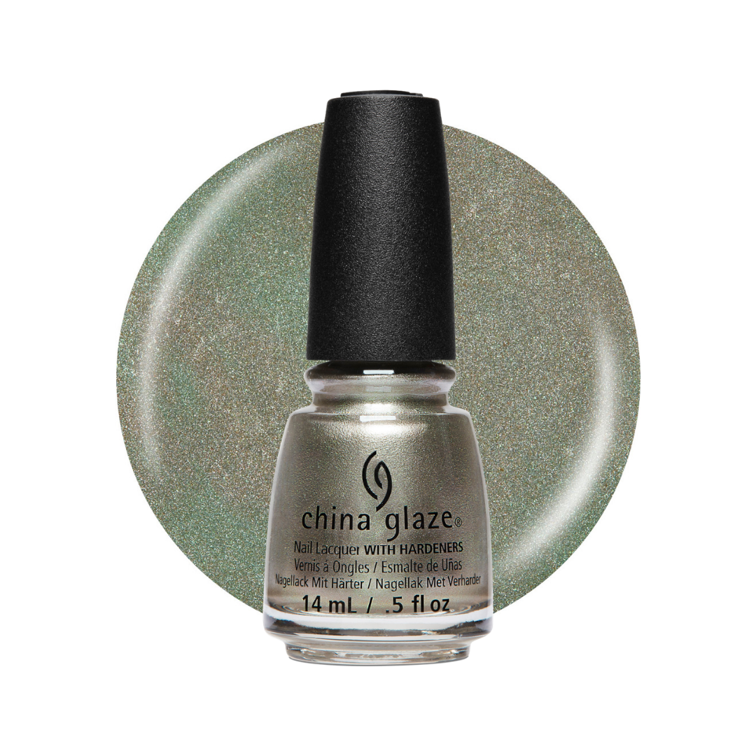 A bottle of China Glaze nail polish with a black cap, shown in front of a circular swatch of the shimmering sage green polish. The bottle is labeled 'china glaze' and 'Nail Lactate with Hardeners'.