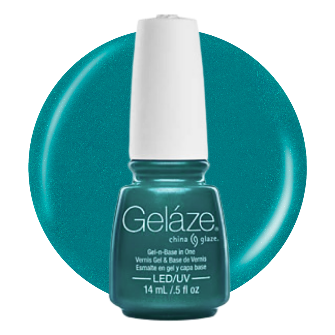 A bottle of Geláze China Glaze gel nail polish in a teal shade, shown in front of a matching teal circular color swatch on a white background.