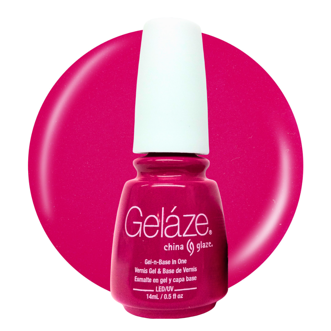 A bottle of Geláze China Glaze gel nail polish in a vibrant magenta-pink shade, shown against a matching circular swatch on a white background.