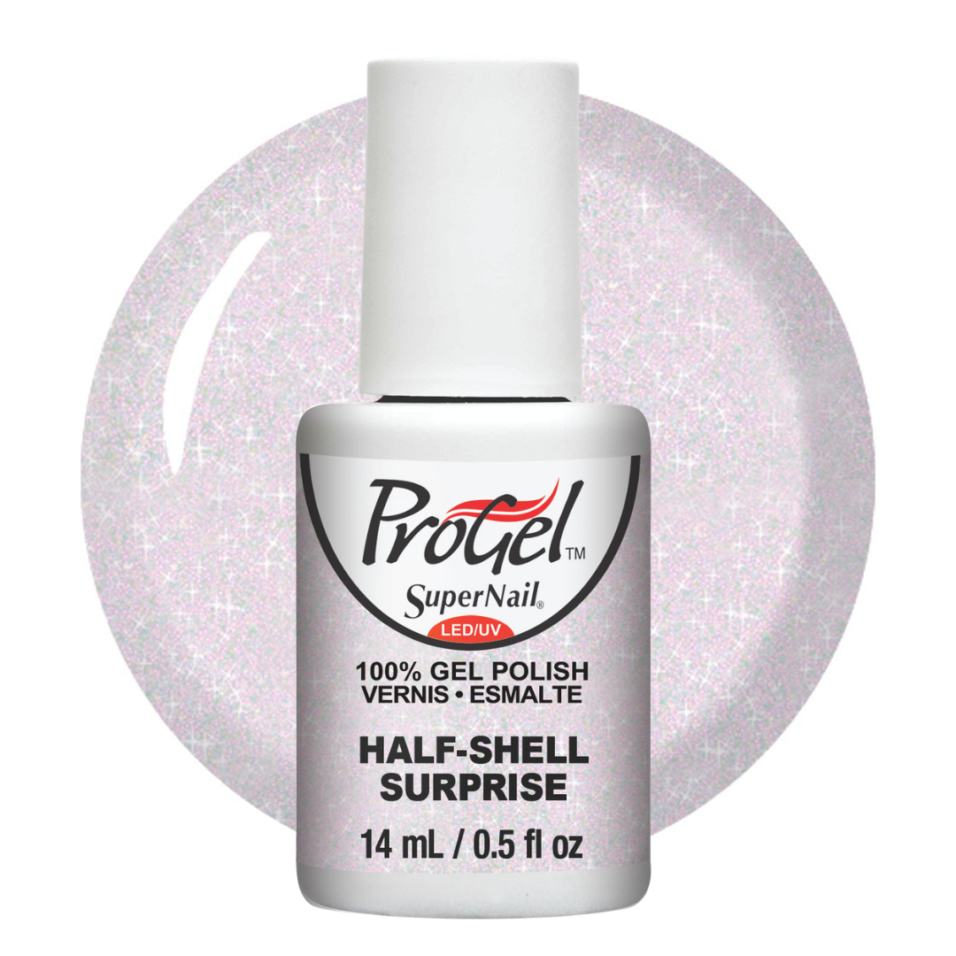 A bottle of ProGel SuperNail LED UV Half-Shell Surprise gel polish, featuring a white cap and silver bottle, set against a circular glittery pale pink swatch of the polish on a white background.