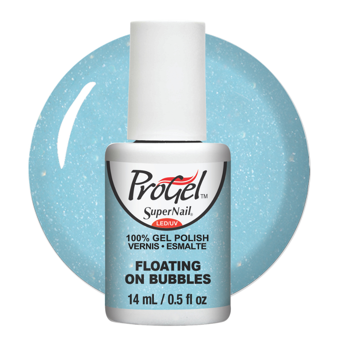 A bottle of ProGel SuperNail LED UV gel polish in the shade 'Floating on Bubbles', featuring a light blue glitter polish swatch behind the bottle on a white background.