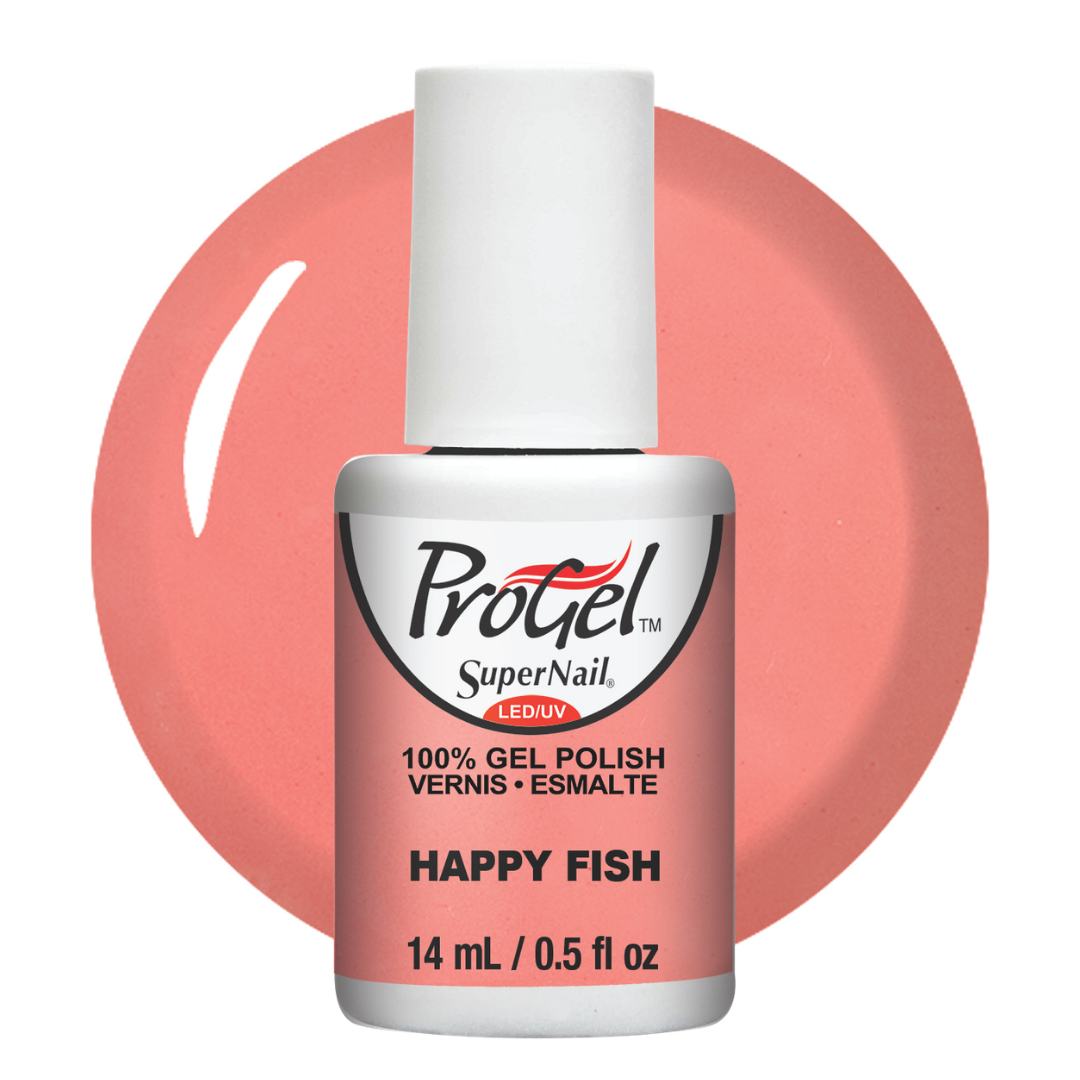 A bottle of ProGel SuperNail LED UV gel nail polish in the shade Happy Fish, featuring a white cap and a pink label, set against a matching pink circular background on a white studio backdrop.