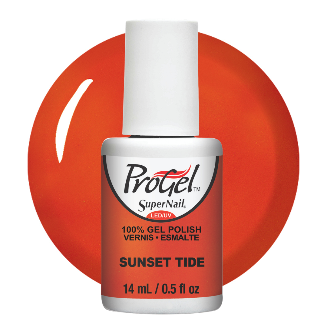 A bottle of ProGel SuperNail LED UV gel polish in the shade 'Sunset Tide', featuring a white cap and a white/silver label with black text, set against a vibrant orange circular background on a white studio backdrop.