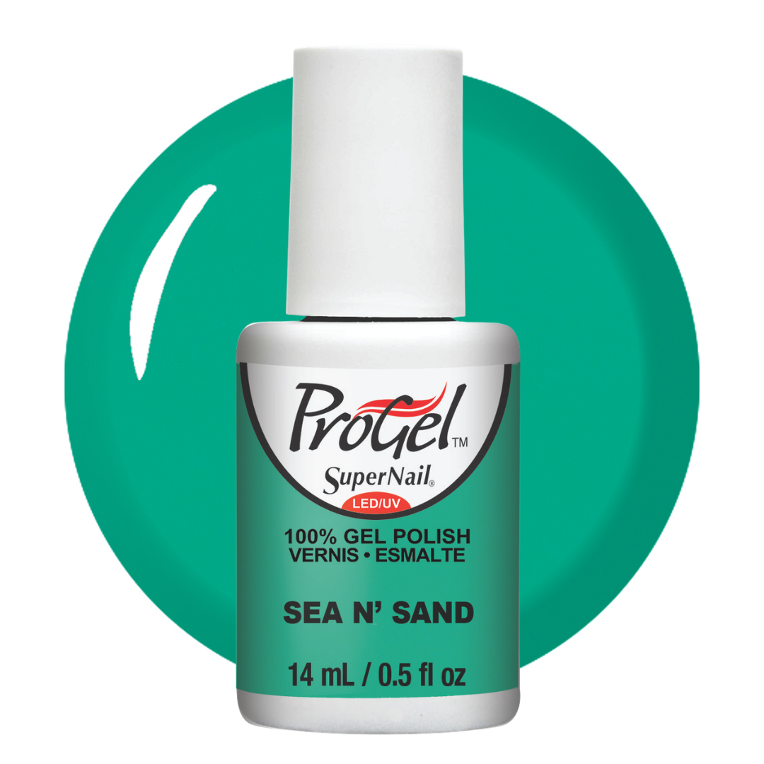 A bottle of ProGel SuperNail LED UV gel nail polish in the shade Sea N' Sand, featuring a white cap and a label with a teal-green background and white text, set against a matching teal-green circular swatch on a white background.