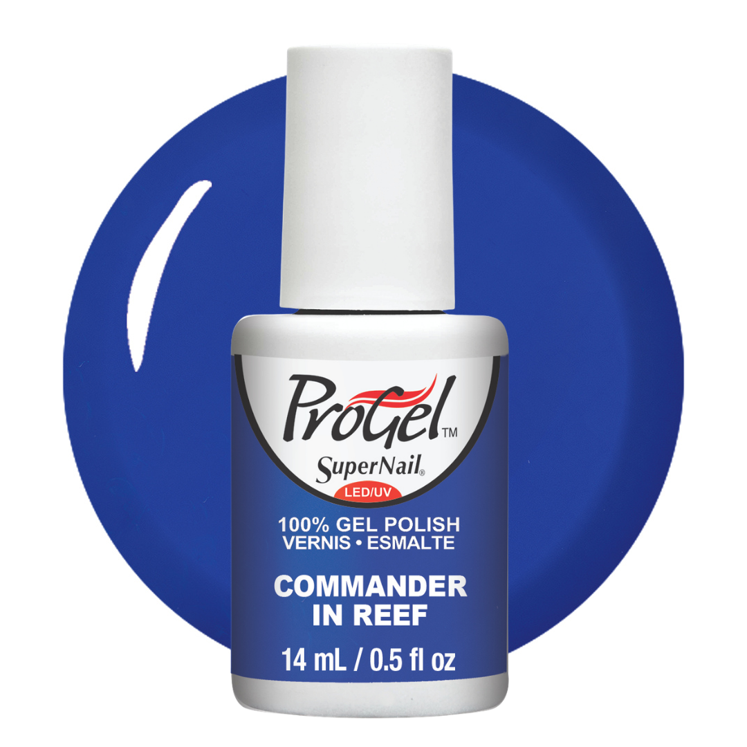 A bottle of ProGel SuperNail LED UV gel polish in the shade Commander in Reef, shown against a blue circular background swatch on a white background.