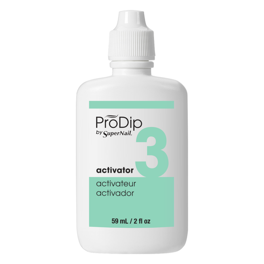 A white plastic bottle of ProDip Step 3 Activator by SuperNail, featuring a white cap and a mint green and black label, on a solid white background.