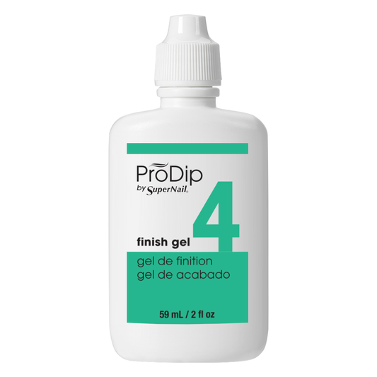 A white plastic bottle of ProDip by SuperNail finish gel with a white cap, featuring a teal and black label on a plain white background.