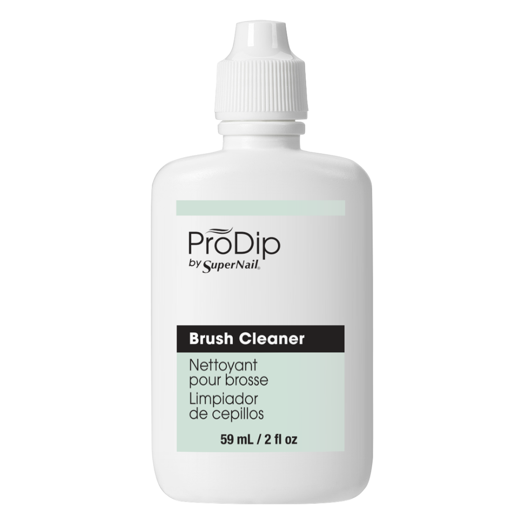 A white plastic bottle of ProDip by SuperNail Brush Cleaner with a white cap, shown on a plain white background.