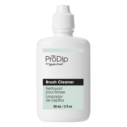 A white plastic bottle of ProDip by SuperNail Brush Cleaner with a white cap, shown on a plain white background.