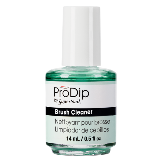 ProDip by SuperNail Brush Cleaner in a 14 ml glass bottle with a white cap and white label, showing green liquid inside.