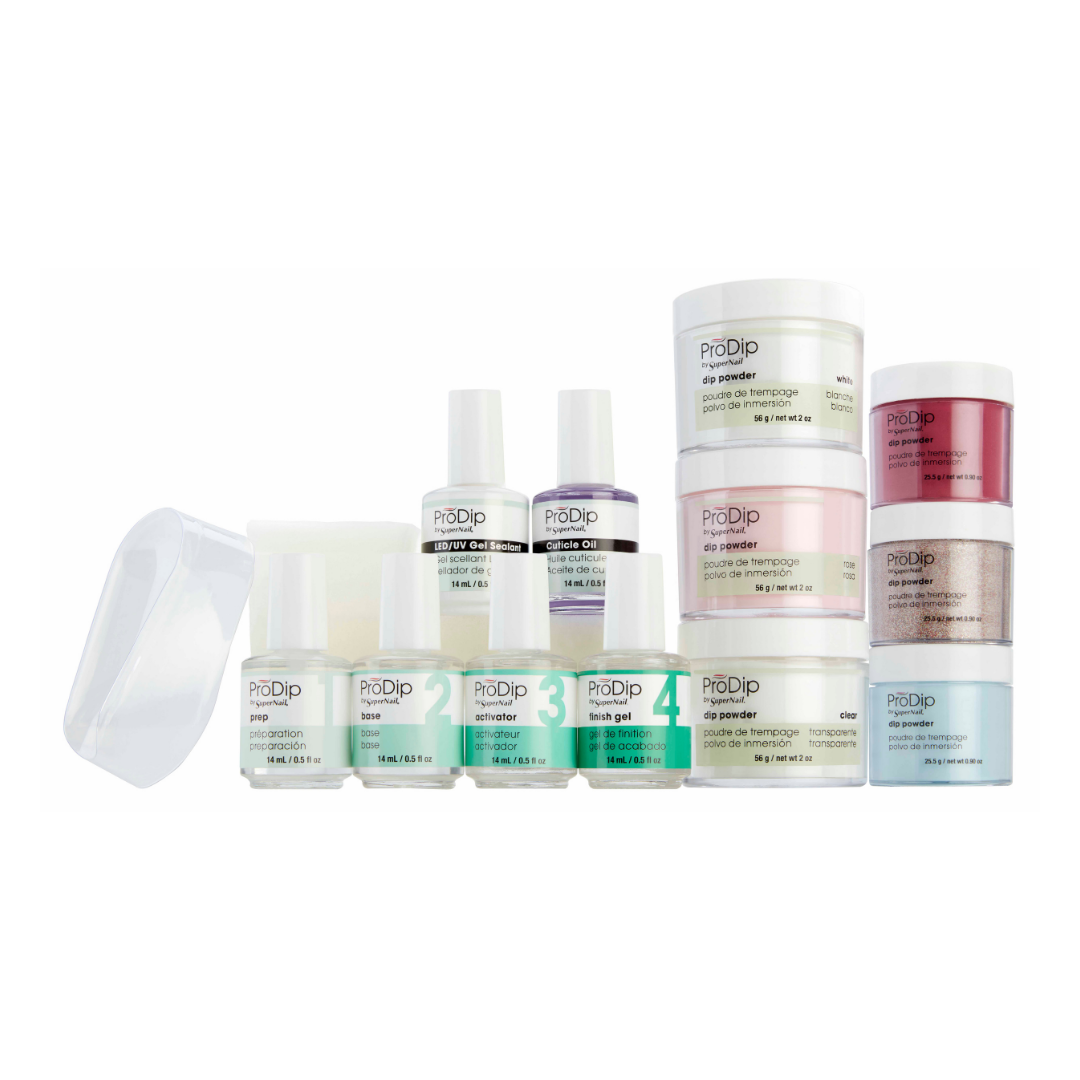 A collection of ProDip professional nail acrylic products, including prep, topcoat and acrylic dipping powders, and a clear plastic tray, arranged on a plain white background.