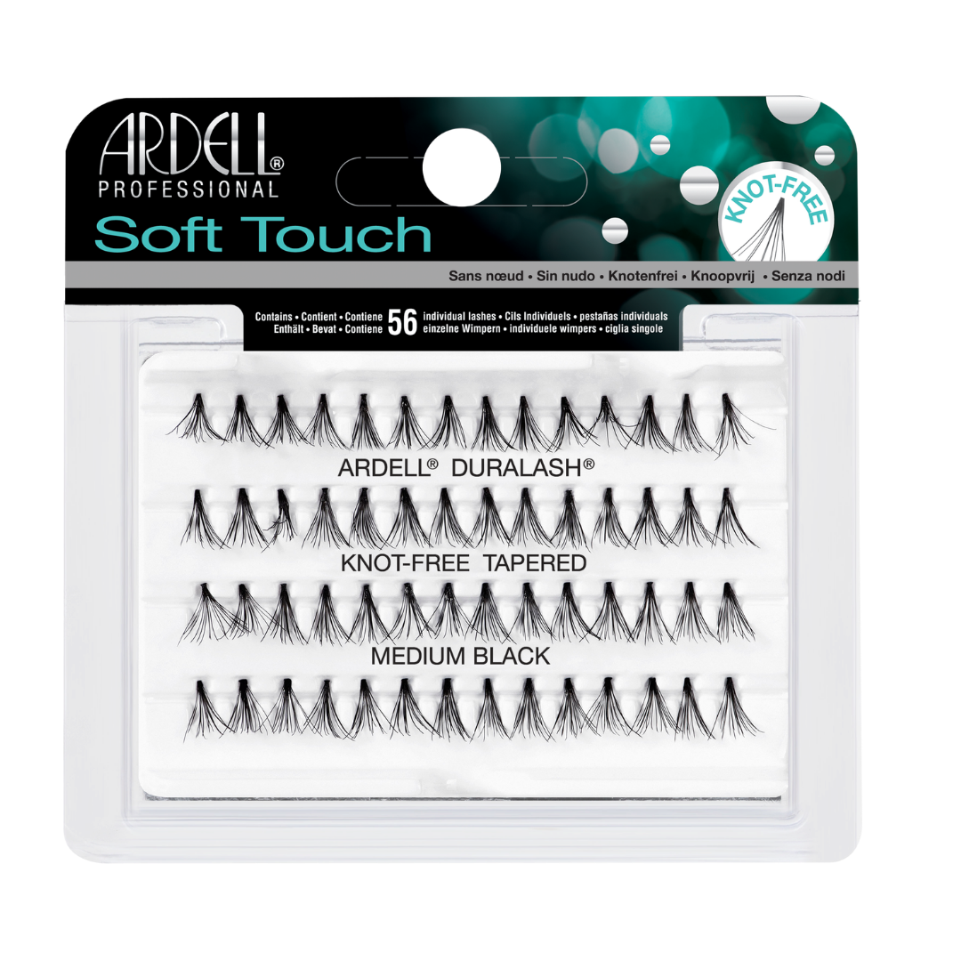 Ardell Professional Soft Touch Knot-Free Tapered False Lashes in Medium Black, packaged in a clear blister pack with a black and teal header card.