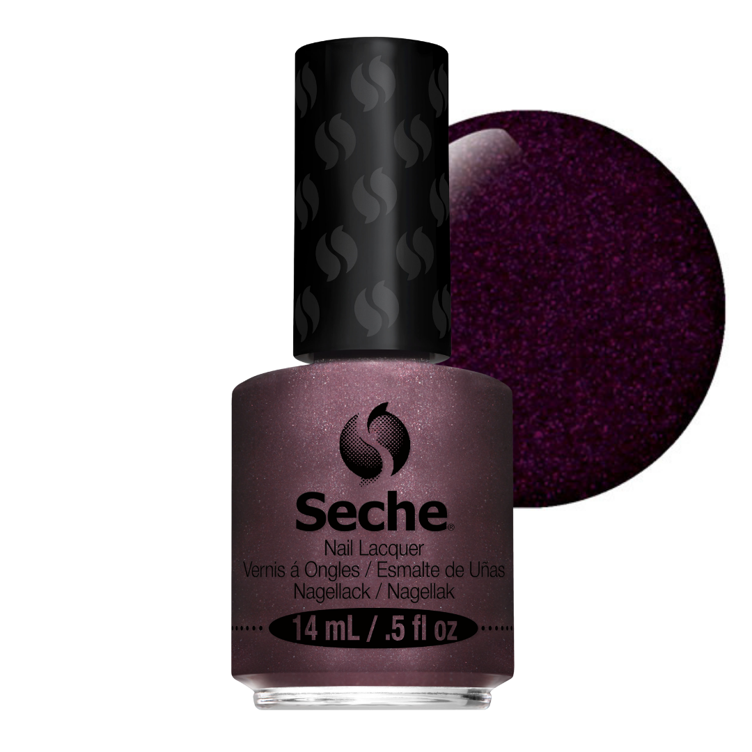 69214 Seche Aristocat Nail Vanish 14ml | A bottle of Seche nail lacquer in a deep glittery plum purple shade, shown alongside a circular color swatch of the same shade on a white background.
