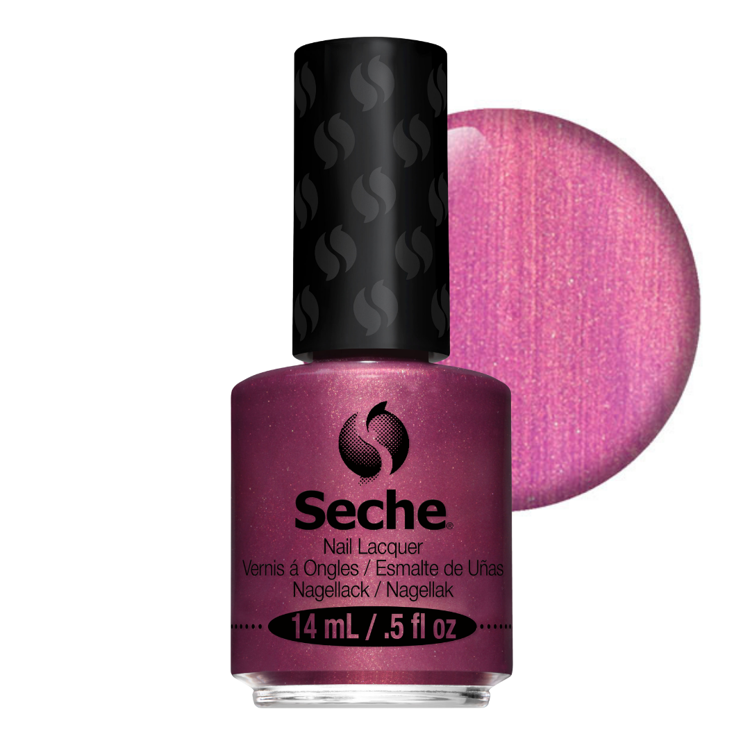 A bottle of Seche nail lacquer in a shimmering metallic magenta-pink shade, shown with a circular color swatch overlay on a plain white background.
