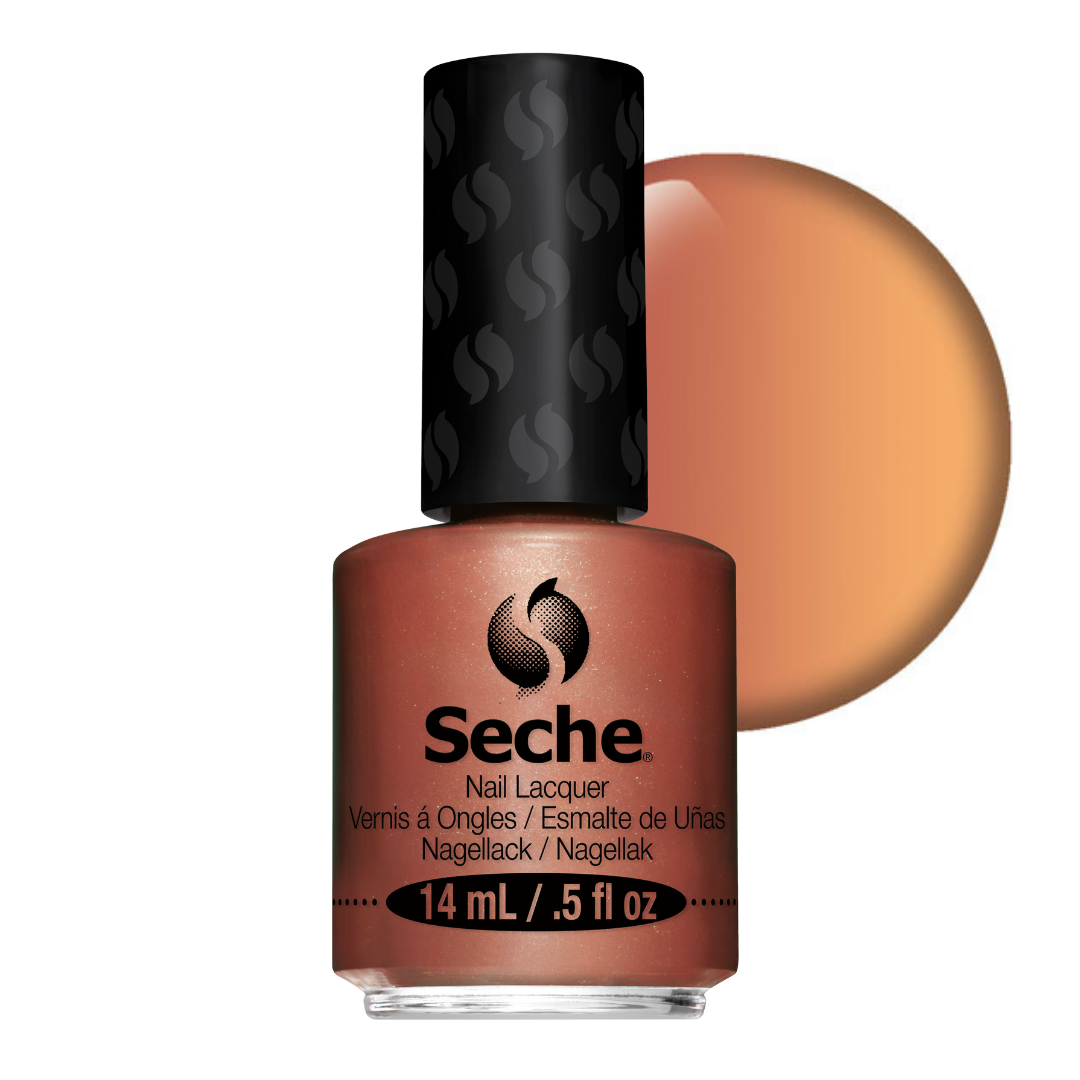 69217 Seche Lumiere Nail Vanish 14ml | A bottle of Seche nail lacquer in a warm coppery orange shade, shown with a large circular color swatch behind it on a white background.